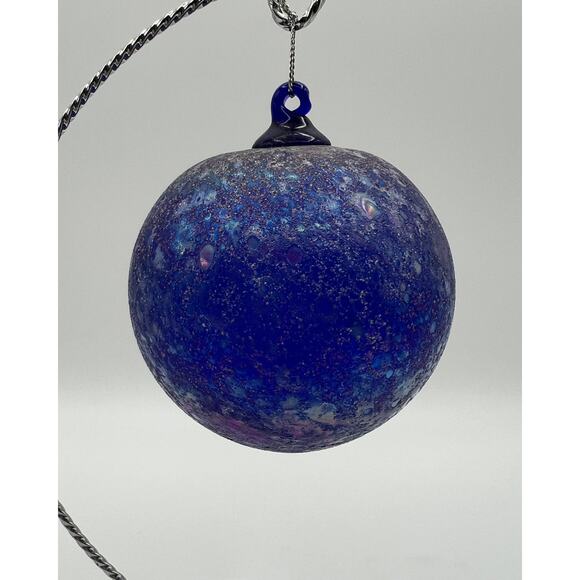Unmarked Other - Hand Blown Art Glass Cobalt Blue Iridescent Textured 4” Hanging Ornament Orb